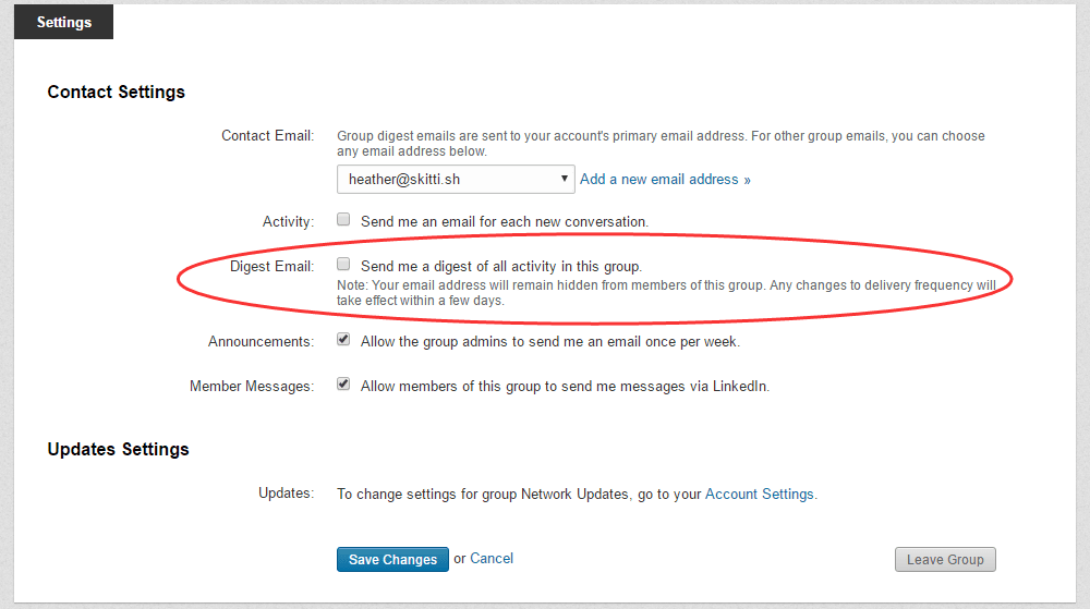 Choose between Daily, Weekly or No Email Digest for each group you join
