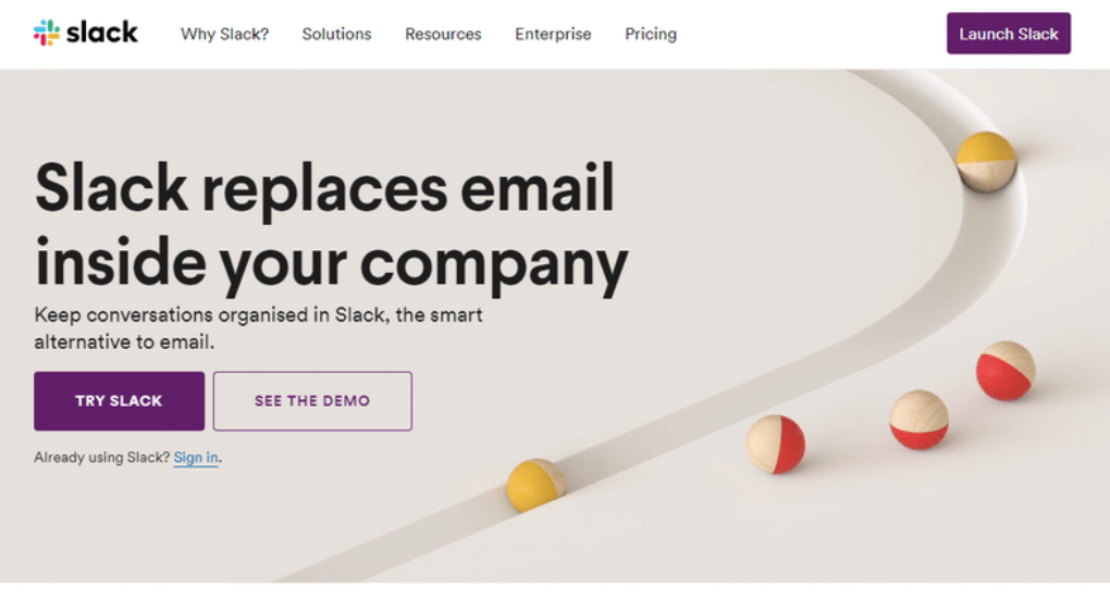 Multiple CTAs on Slack's homepage